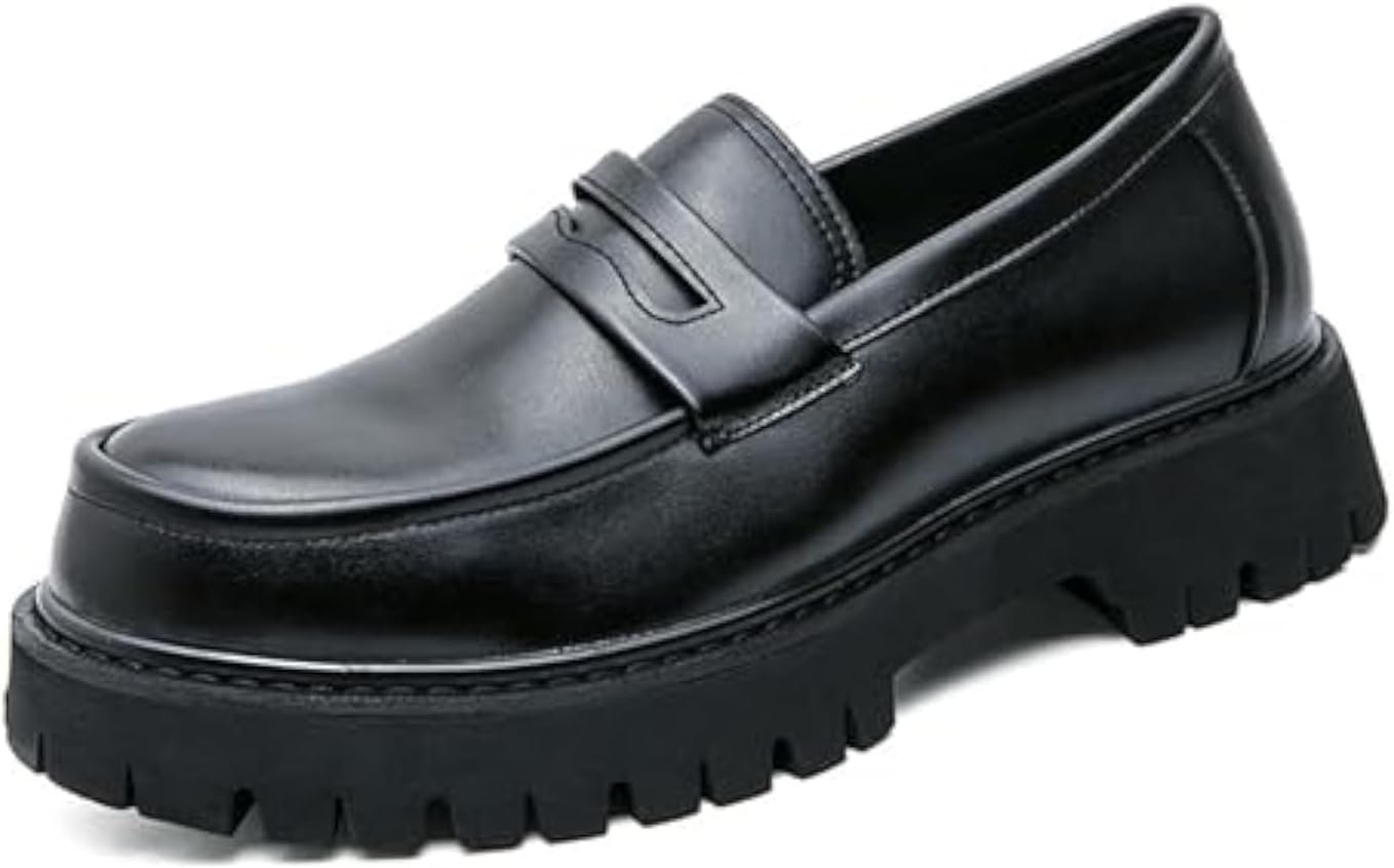 Men's Leather Platform Chunky Slip On Penny Loafers Classic Round Toe Lug Sole Business Casual Formal Work Shoes