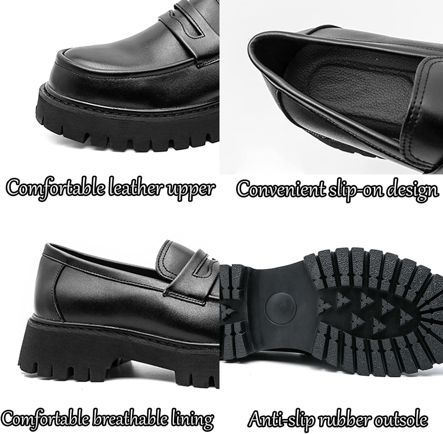 Men's Leather Platform Chunky Slip On Penny Loafers Classic Round Toe Lug Sole Business Casual Formal Work Shoes Image 2