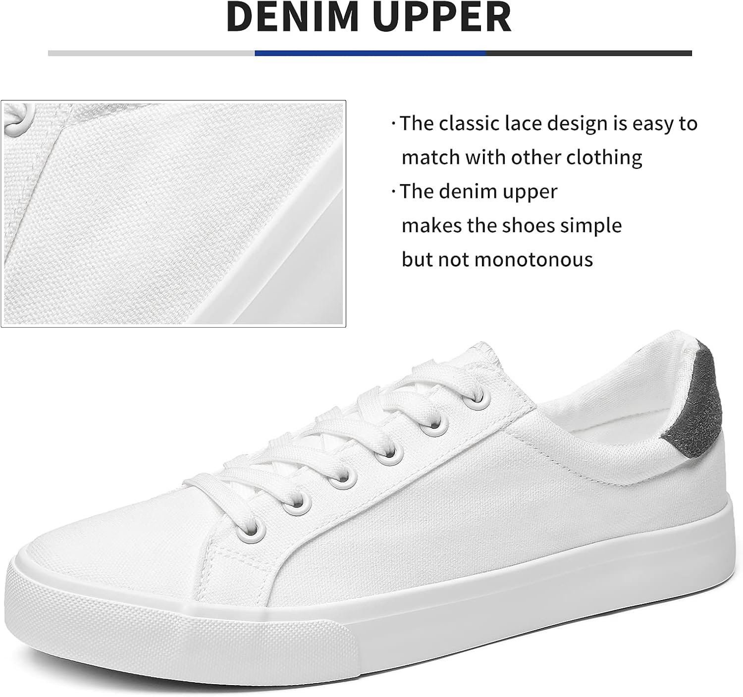 Mens Canvas Shoes White Black Sneakers Low Top Lace Up Casual Shoes Image 2